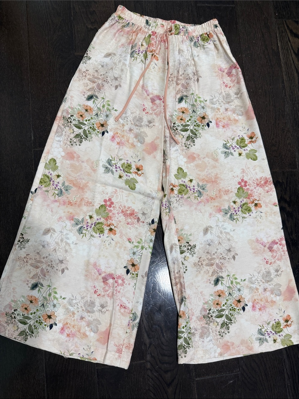 Lulu's Floral Wide Leg Pants in Cream and Pink